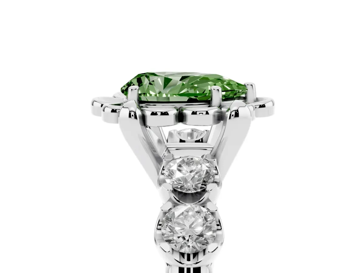 Fancy Green Pear Cut Cut Diamond Floral Halo Engagement Ring with Shared Prong Setting Silver
