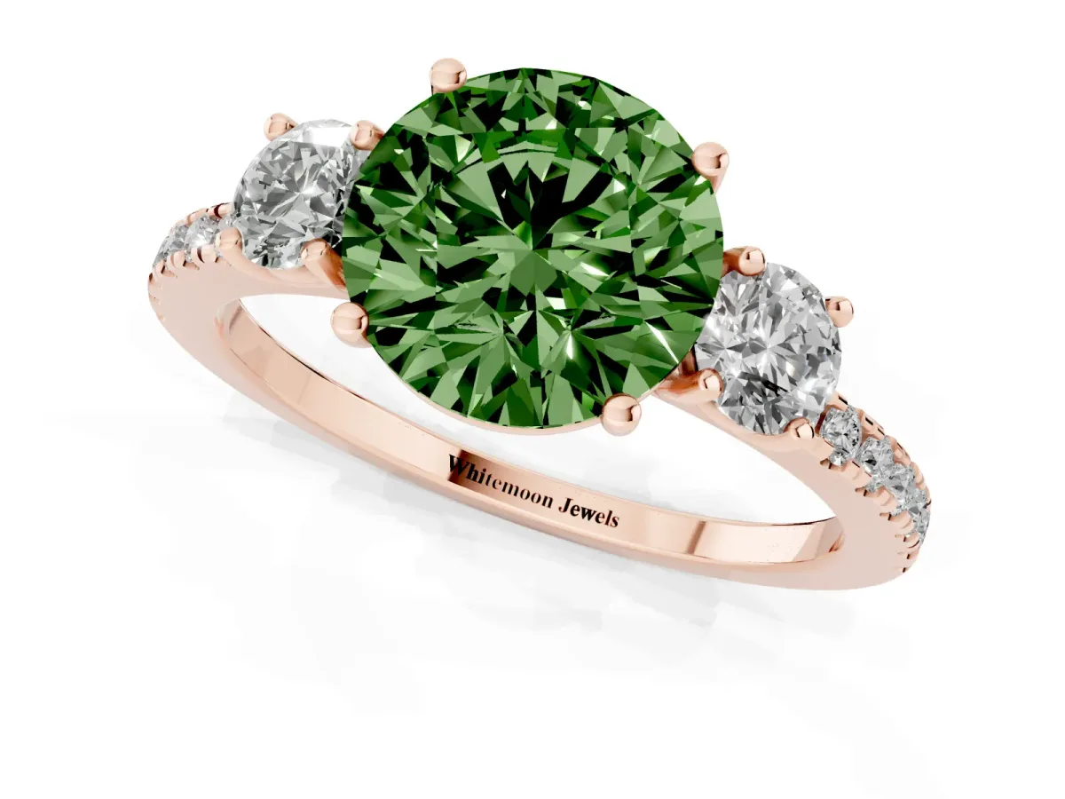 Fancy Green Three-Stone Round Cut Cut Diamond Pavé Band with Prong Setting Rose gold