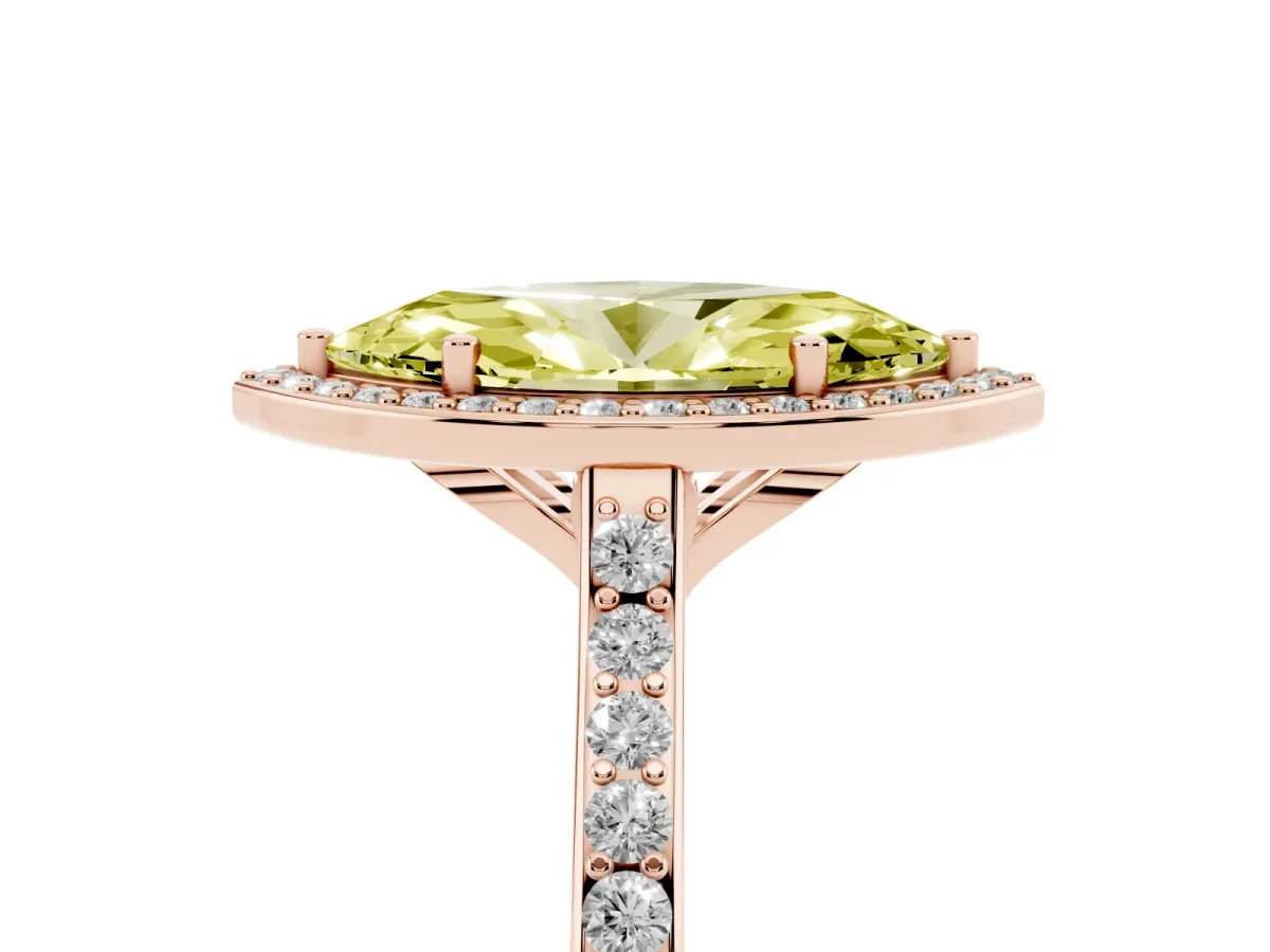 Fancy Yellow Marquise Cut Diamond Halo Engagement Ring with Round Pavé Shoulders and Prong Setting Rose gold