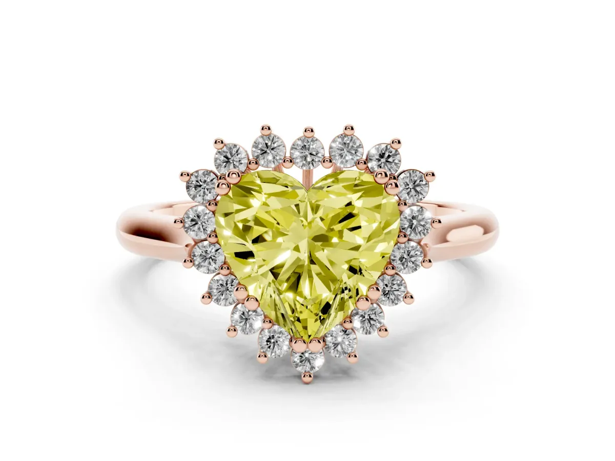 Fancy Yellow Heart Cut Cut Diamond Halo Ring with Solitaire Band and Prong Setting Rose gold