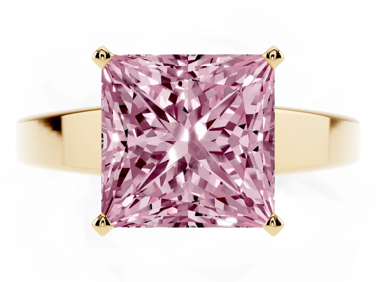 Fancy Pink Princess Cut Solitaire Engagement Ring with Four-Prong Setting and Tapered Band Yellow gold