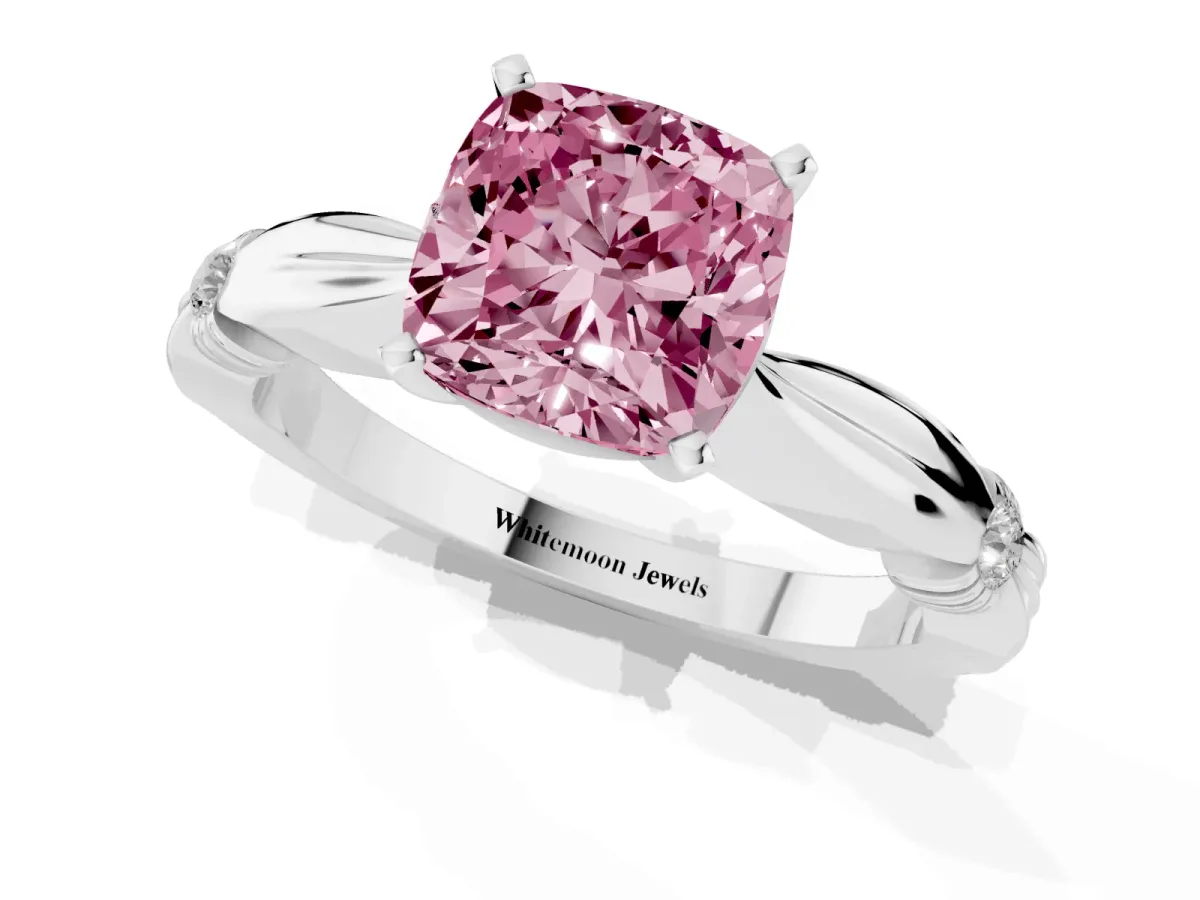 Fancy Pink Cushion Cut Solitaire Diamond Twisted Band with Four-Prong Setting Platinum