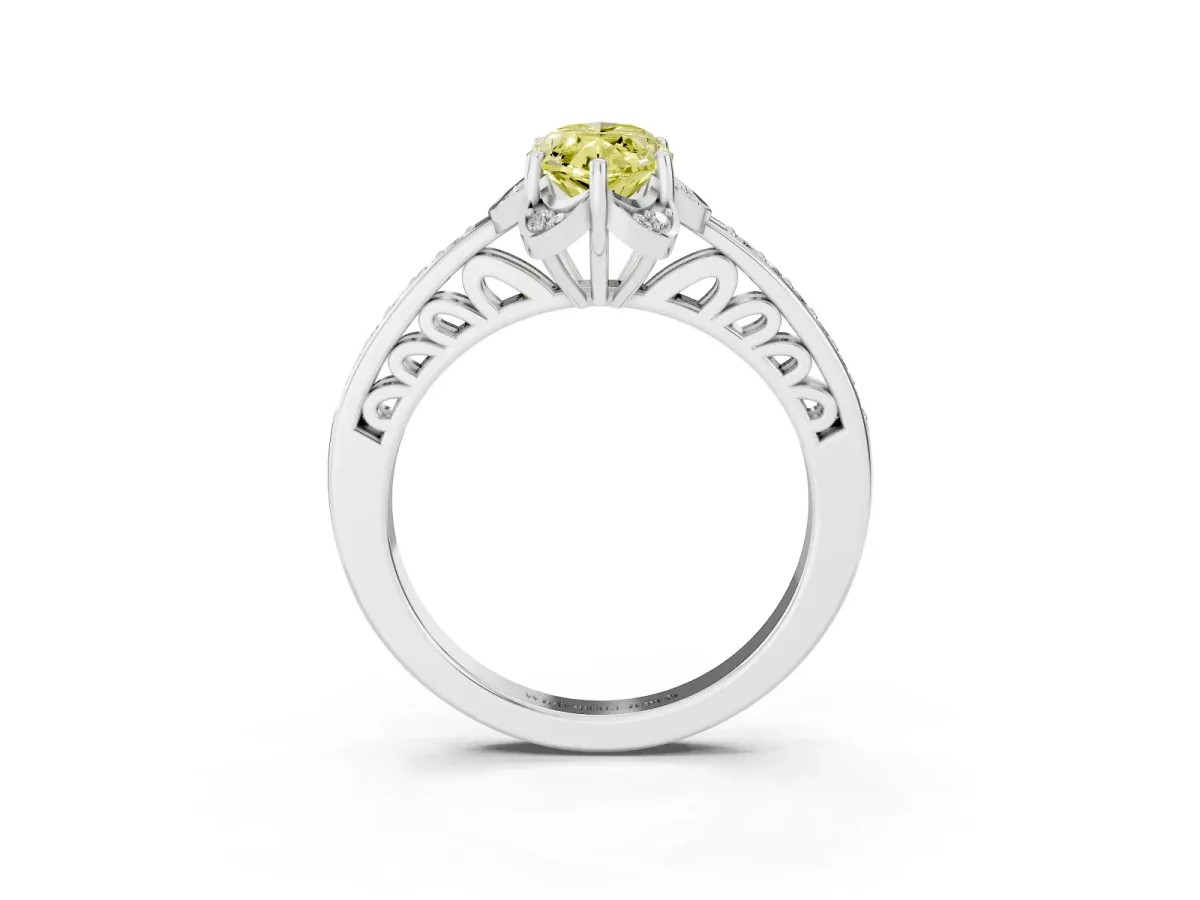 Fancy Yellow Marquise Cut Cut Halo Diamond Ring with Channel Set Band and Four-Prong Setting Platinum