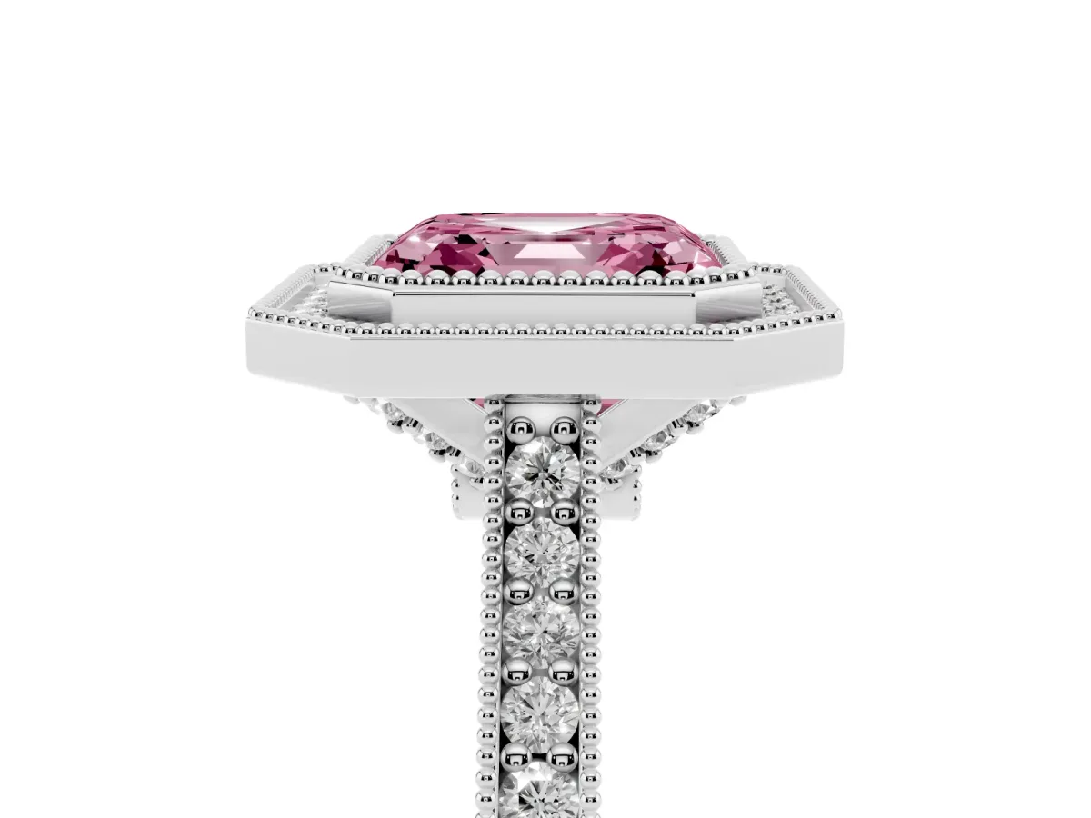 Fancy Pink Halo Asscher Cut-Cut Diamond Pave Band Milgrain Prong Setting Ring Silver