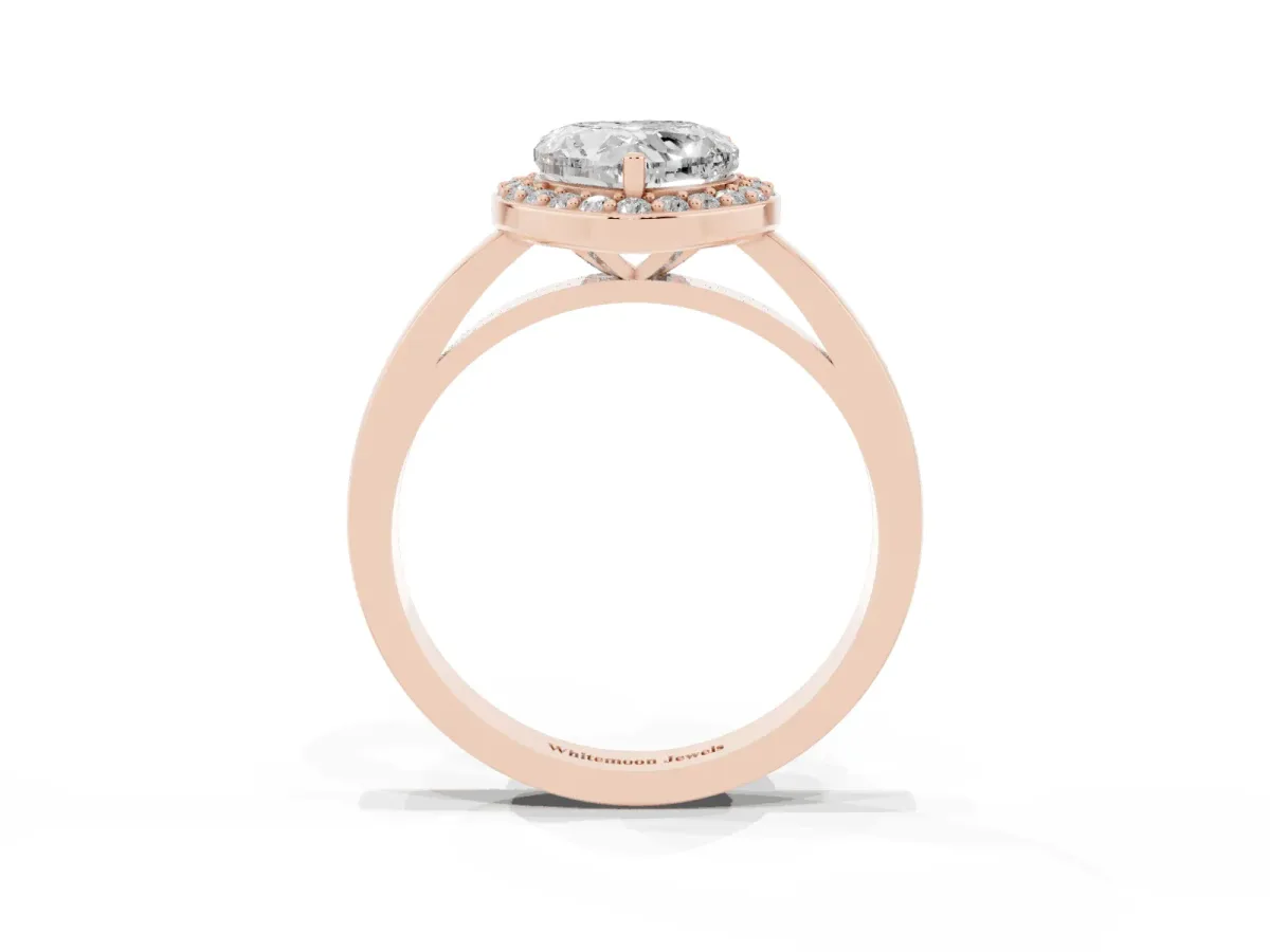 Heart Cut Halo Diamond Ring with Solitaire Band and Prong Setting Rose gold