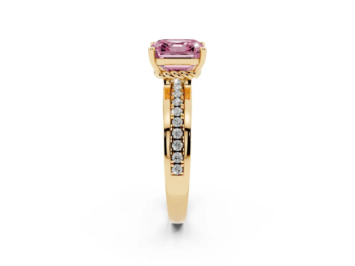 Fancy Pink Asscher Cut Solitaire Diamond Ring with Channel Set Band and Six-Prong Setting Yellow gold