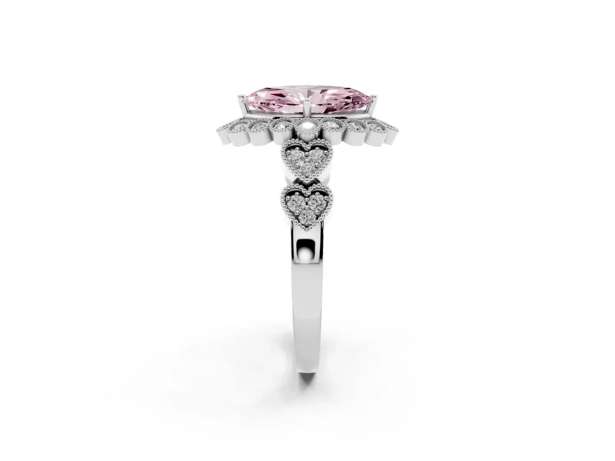 Fancy Pink Marquise Cut Brilliant Milgrain Pave Heart Band Solitaire Ring Silver