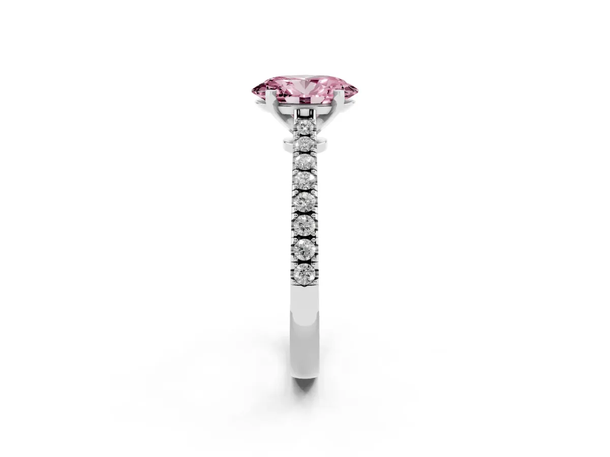 Fancy Pink Oval Cut Cut Solitaire Diamond Engagement Ring with Pave Band and Four-Prong Setting Platinum