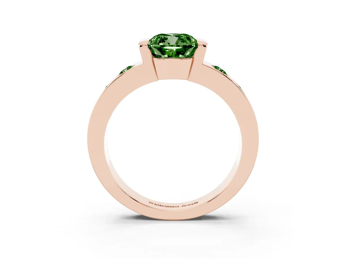 Fancy Green Cushion Cut Brilliant Channel-Set Diamond Ring with Bezel Prong Setting Rose gold