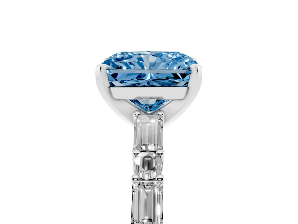 Fancy Blue Radiant Cut Diamond Solitaire with Side Baguettes and Channel Set Band Silver