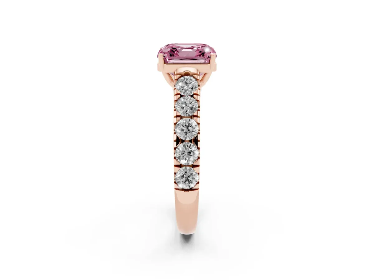 Fancy Pink Asscher Cut Cut Diamond Solitaire Ring with Micro Pave Band and Prong Setting Rose gold
