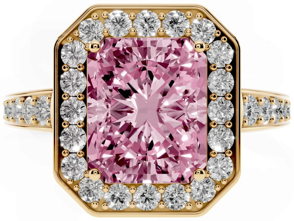 Fancy Pink Radiant Cut Halo Pavé Diamond Engagement Ring with Bezel Setting Yellow gold