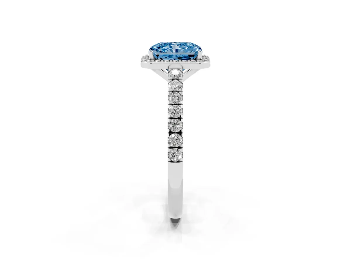 Fancy Blue Radiant Cut Cut Halo Diamond Engagement Ring with Pave Band and Four-Prong Setting Silver