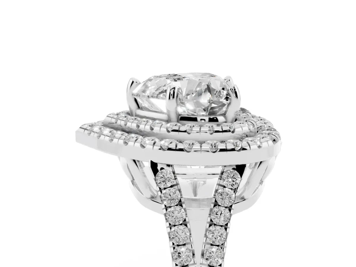 Heart Cut Diamond Double Halo Ring with Pavé Band and Prong Setting White gold