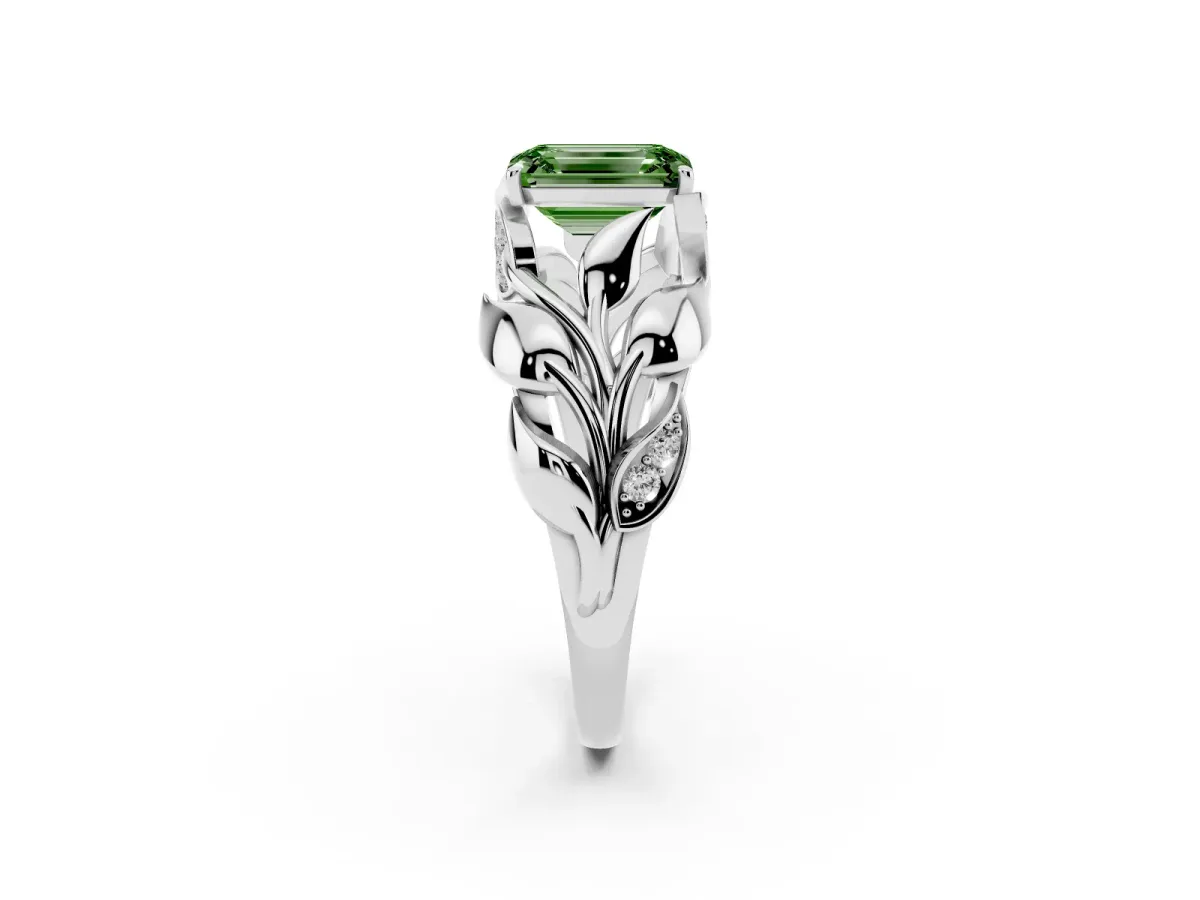 Fancy Green Emerald Cut Diamond Leaf-Inspired Engagement Ring with Round Accents and Prong Setting Silver