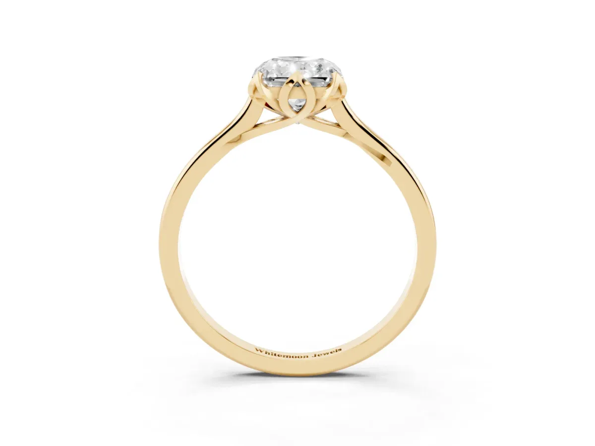 Radiant Cut Diamond Solitaire Ring with Flower Prong Setting and Classic Band Yellow gold