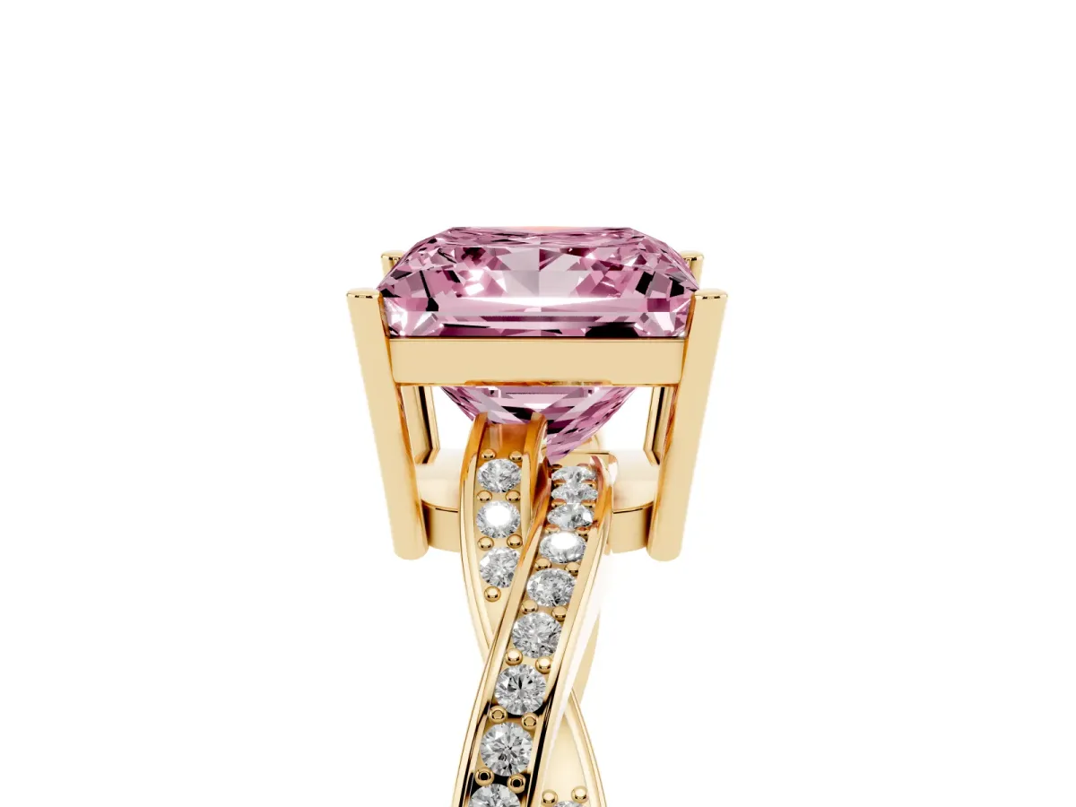 Fancy Pink Princess Cut Solitaire Twisted Pave Diamond Ring with Four-Prong Setting Yellow gold