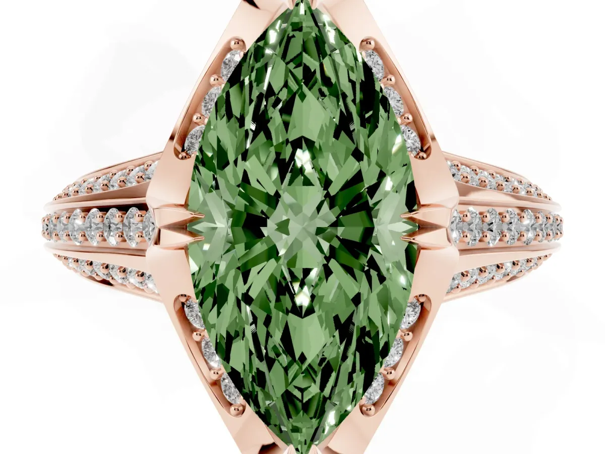 Fancy Green Marquise Cut Solitaire Pave Split Shank Ring with Four-Prong Setting Rose gold