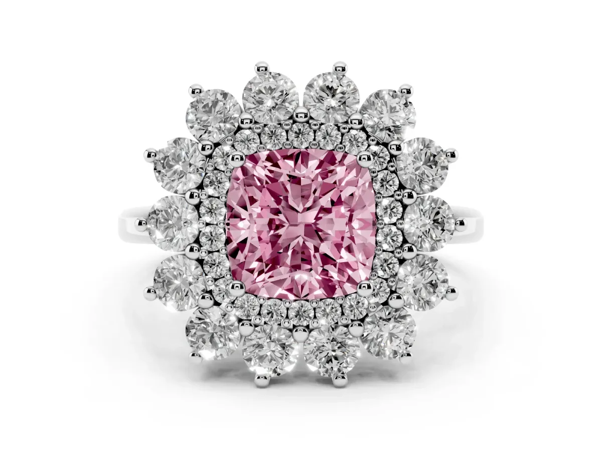 Fancy Pink Cushion Cut Diamond Floral Double Halo Engagement Ring with Prong Setting Silver