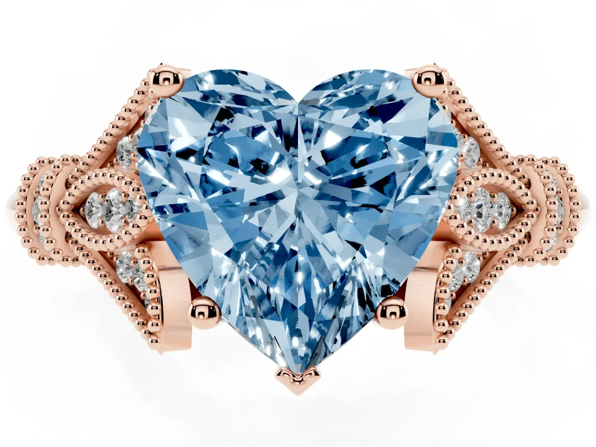 Fancy Blue Heart Cut Diamond Solitaire Ring with Floral Filigree and Pave Accents Rose gold