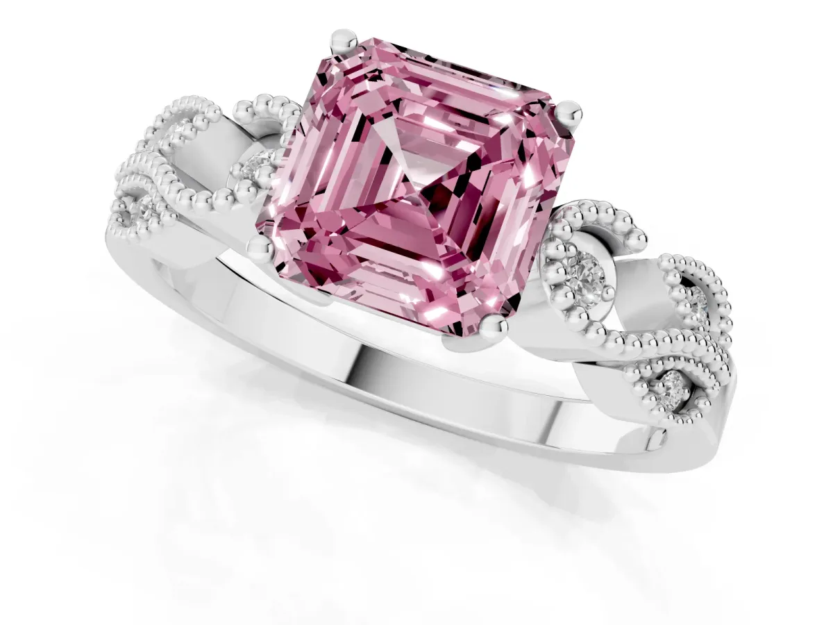 Fancy Pink Asscher Cut Solitaire Milgrain Leaf Band with Prong Setting White gold