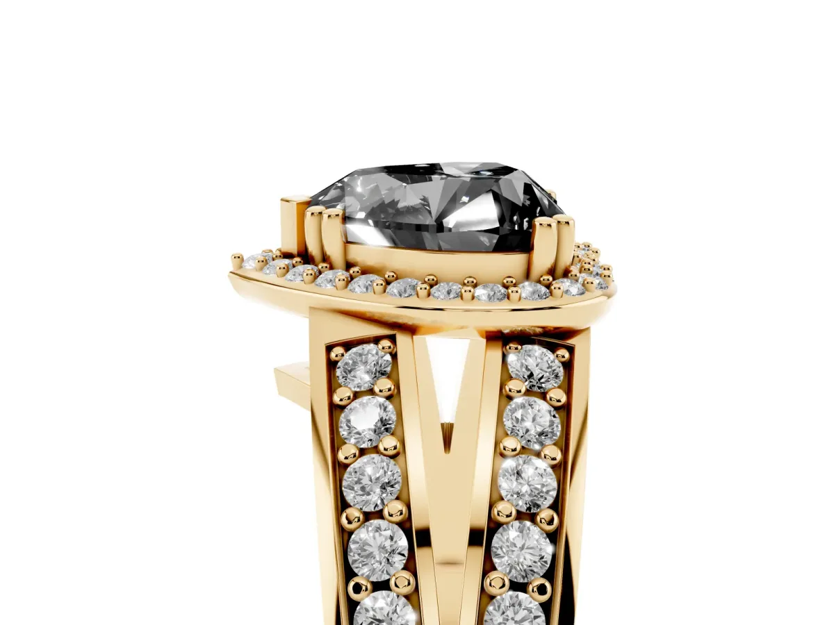 Fancy Black Heart Cut Diamond Halo Ring with Split Shank Pavé Band and Four-Prong Setting Yellow gold
