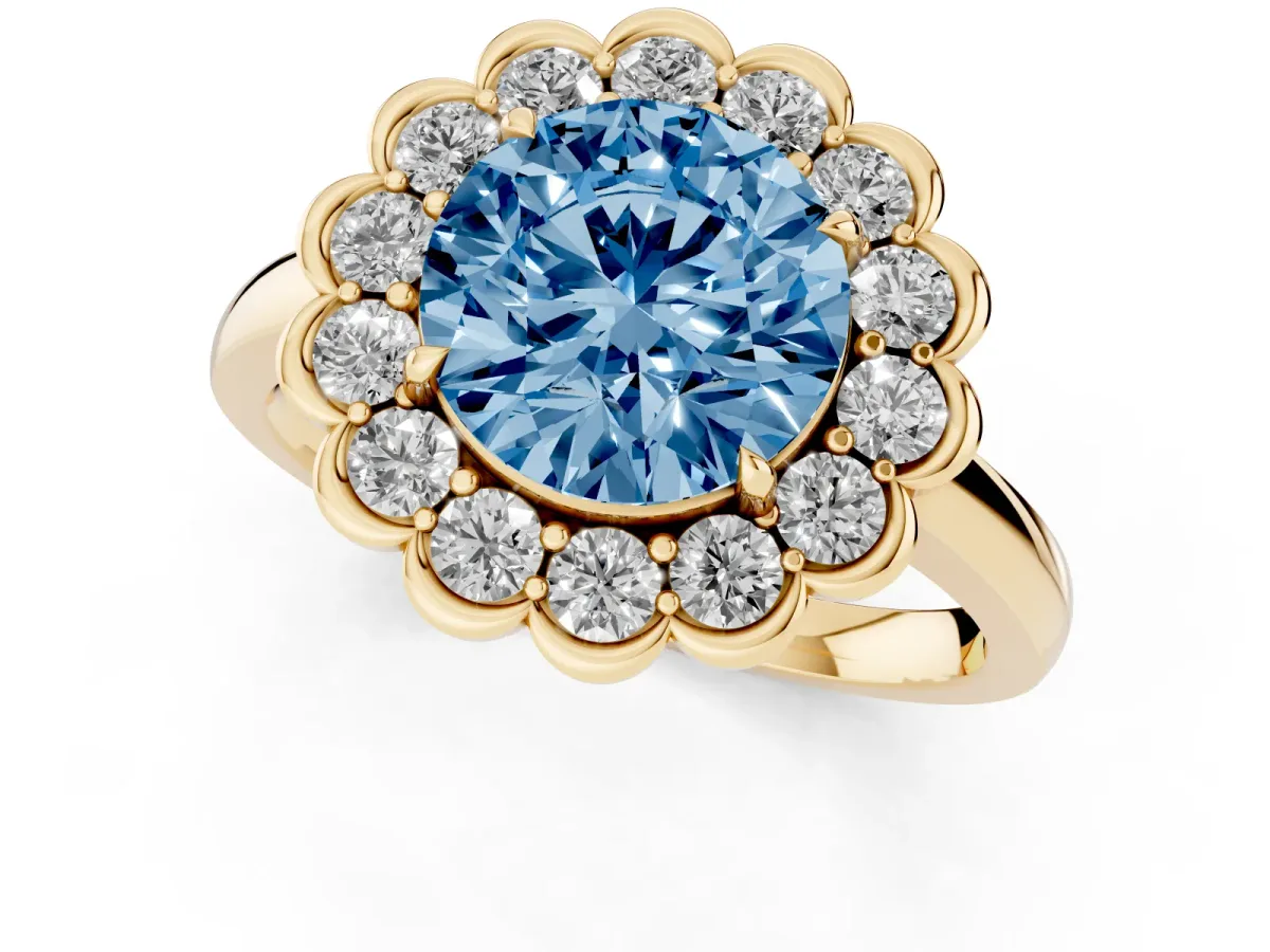 Fancy Blue Round Cut Halo Cluster Diamond Engagement Ring with Solitaire Band and Prong Setting Yellow gold