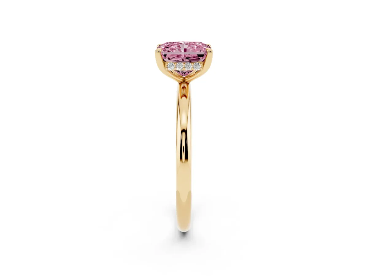 Fancy Pink Radiant Cut Diamond Solitaire Ring with Thin Band and Four-Prong Setting Yellow gold