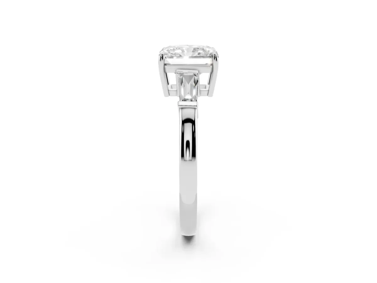 Radiant Cut Diamond Three-Stone Ring with Tapered Baguette Side Stones and Prong Setting White gold