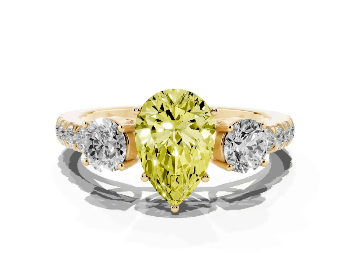 Fancy Yellow Pear Cut Cut Diamond Three-Stone Ring with Round Side Stones and Pavé Band Yellow gold