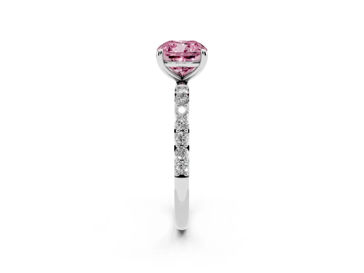 Fancy Pink Cushion Cut Diamond Solitaire Ring with Round Pavé Band and Prong Setting Platinum