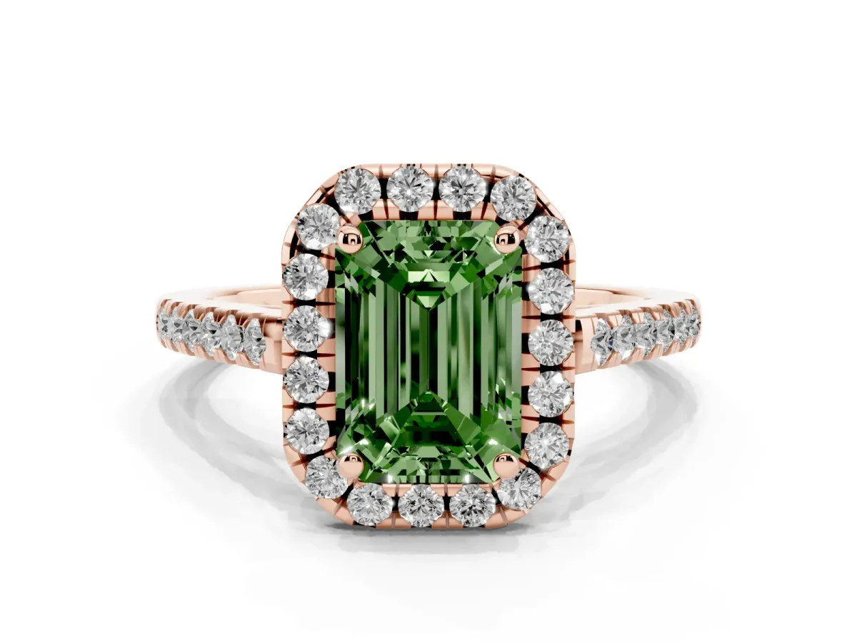 Fancy Green Emerald Cut Halo Pavé Diamond Engagement Ring with Four-Prong Setting Rose gold