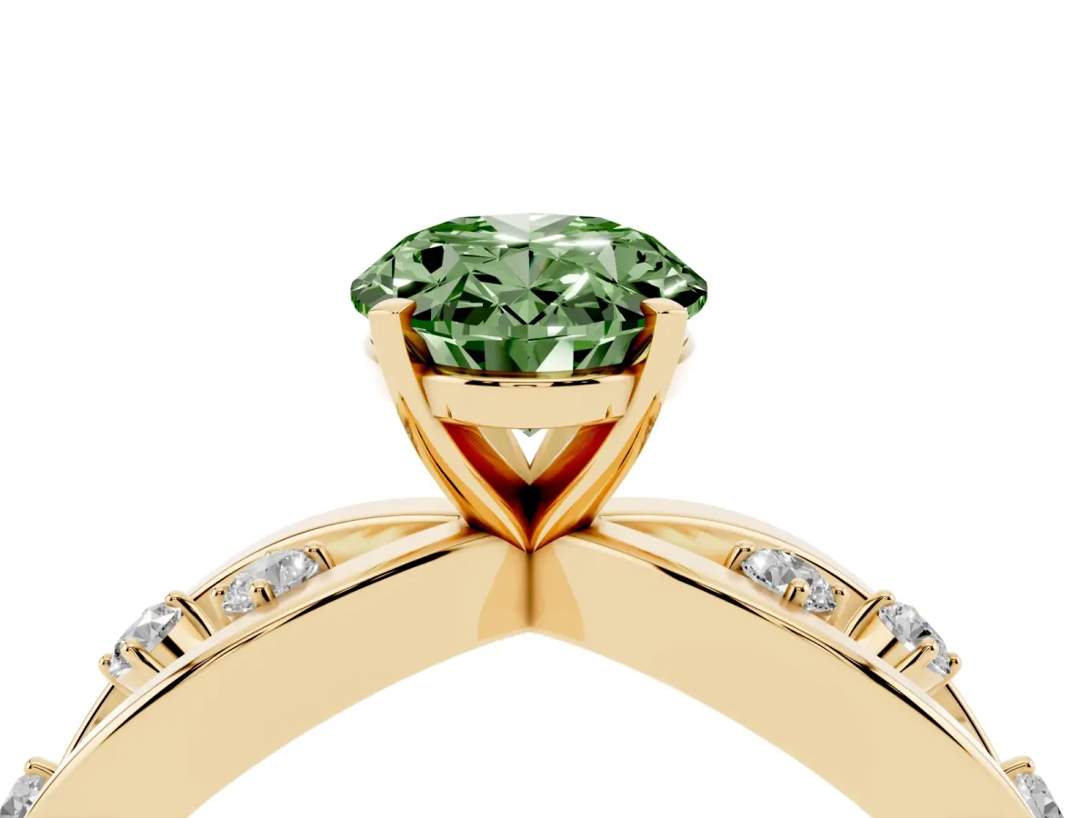 Fancy Green Oval Cut Cut Solitaire Diamond with Side Stones on Criss-Cross Band and Four-Prong Setting Yellow gold