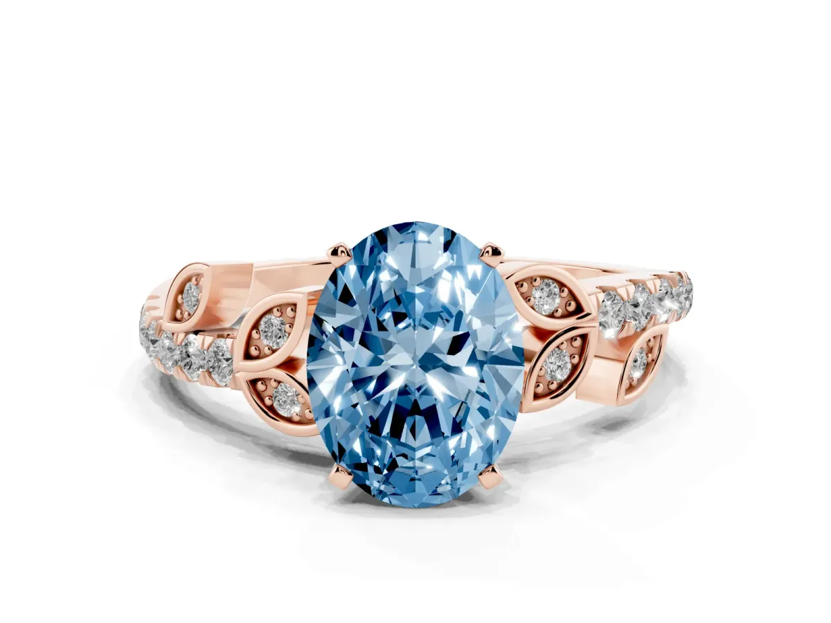 Fancy Blue Oval Cut Solitaire Leaf-Inspired Diamond Ring with Pavé Band and Four-Prong Setting Rose gold