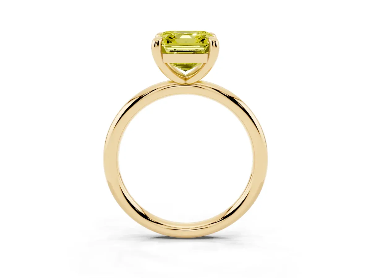 Fancy Yellow Asscher Cut Solitaire Diamond Ring with Four-Prong Setting on a Plain Band Yellow gold