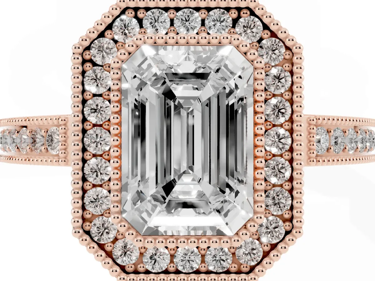 Emerald Cut Cut Halo Diamond Ring with Pavé Band and Milgrain Prong Setting Rose gold