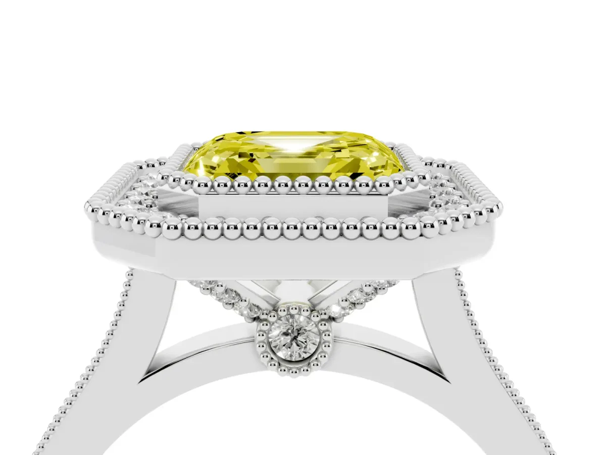 Fancy Yellow Asscher Cut Diamond Halo Ring with Milgrain Frame and Pavé Band White gold
