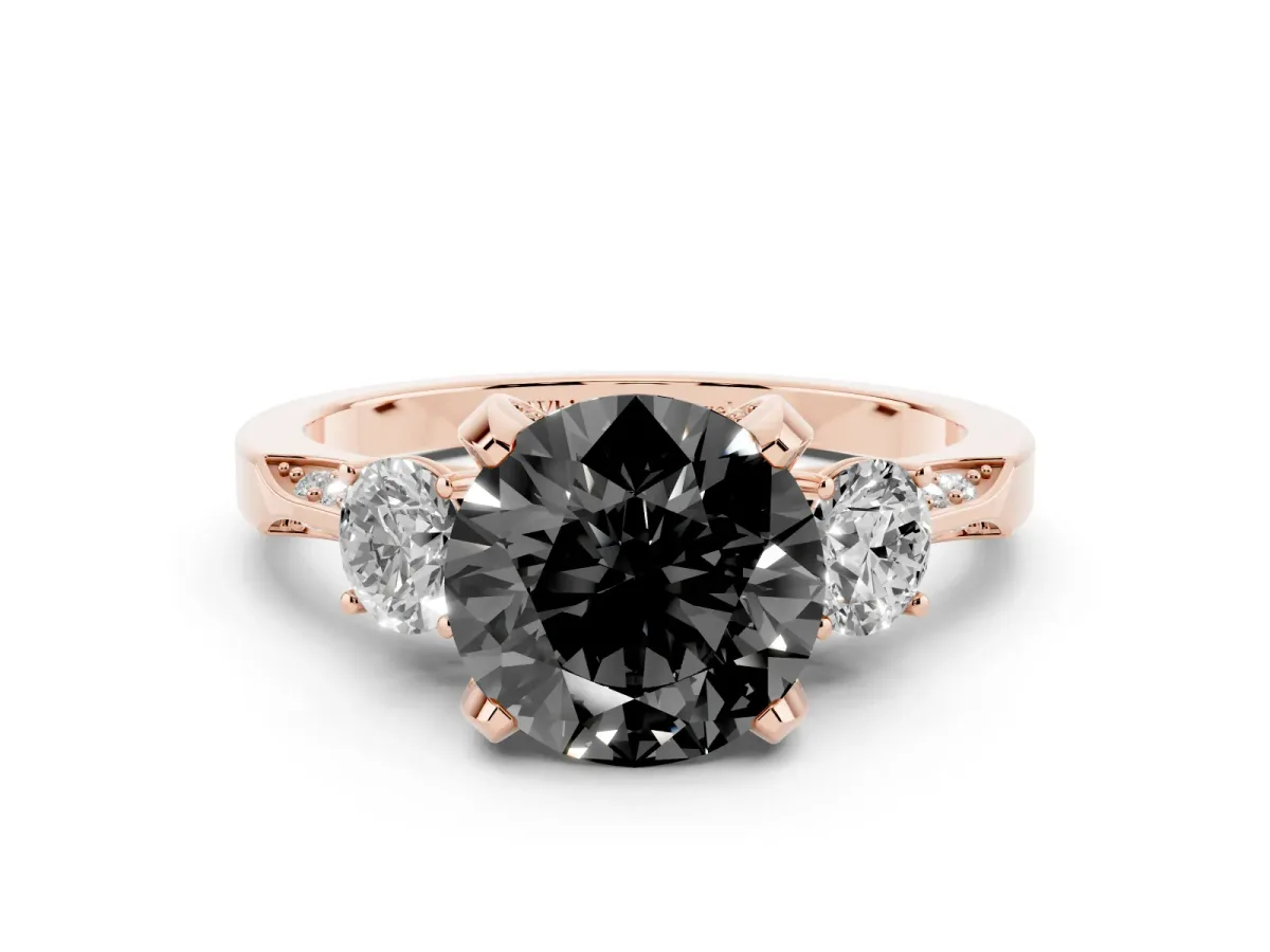 Fancy Black Round Cut Brilliant Three-Stone Diamond Ring with Pavé Band and Four-Prong Setting Rose gold