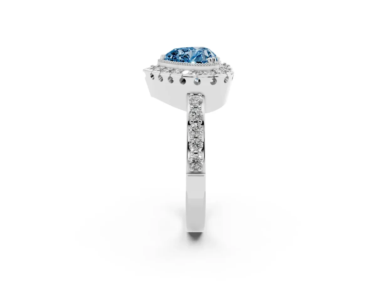 Fancy Blue Heart Cut Diamond Halo Ring with Pavé Band and Prong Setting White gold