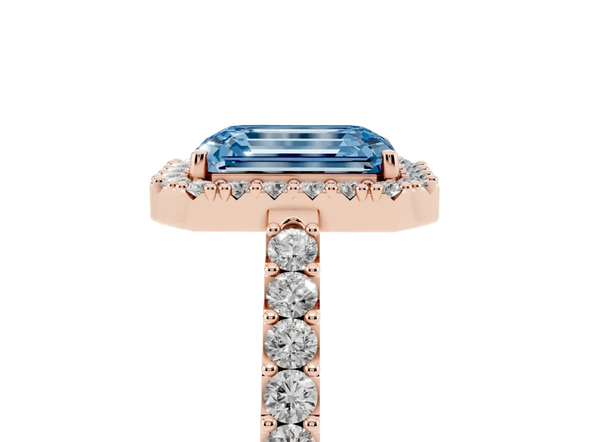 Fancy Blue Emerald Cut Halo Diamond Pavé Solitaire Ring Rose gold