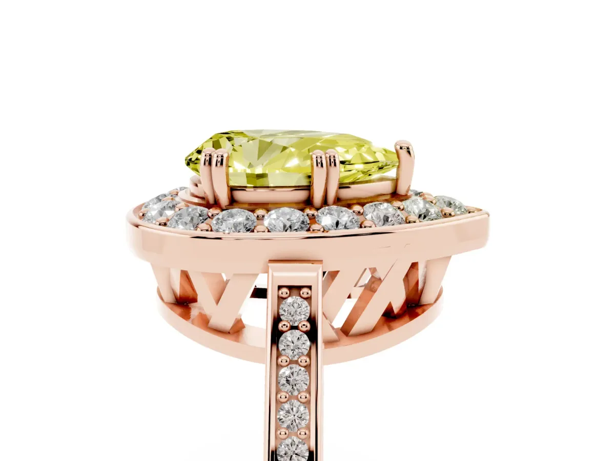 Fancy Yellow Pear Cut Diamond Halo Ring with Split Shank and Four-Prong Setting Rose gold