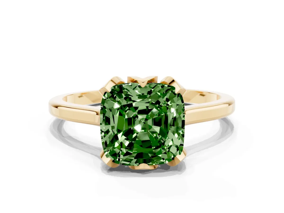 Fancy Green Cushion Cut Diamond Solitaire Ring with Flower Prong Setting and Classic Band Yellow gold