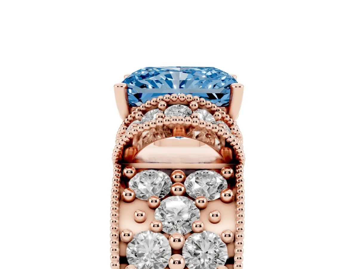 Fancy Blue Radiant Cut Halo Pave Diamond Engagement Ring with Milgrain Detailing Rose gold