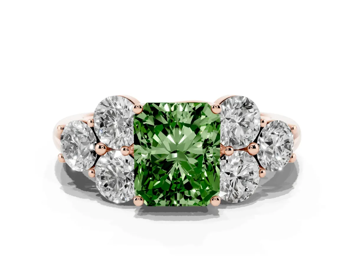 Fancy Green Radiant Cut Cut Diamond Cluster Ring with Round Accent Stones and Prong Setting on a Classic Band Rose gold