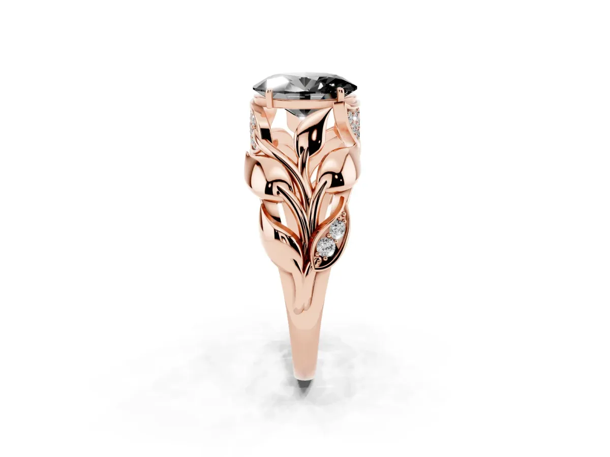 Fancy Black Oval Cut Diamond Leaf-Inspired Engagement Ring with Round Accents and Prong Setting Rose gold