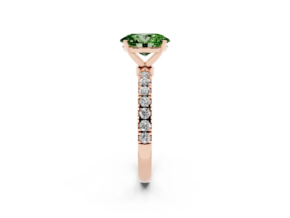 Fancy Green Oval Cut Diamond Solitaire Ring with Pavé Accents and Four-Prong Setting Rose gold