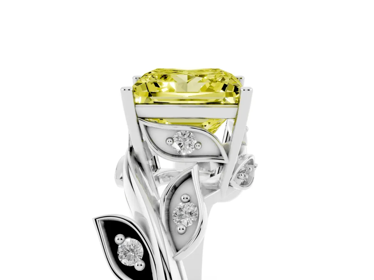 Fancy Yellow Princess Cut Solitaire Twist Engagement Ring with Leaf Accents and Prong Setting Silver