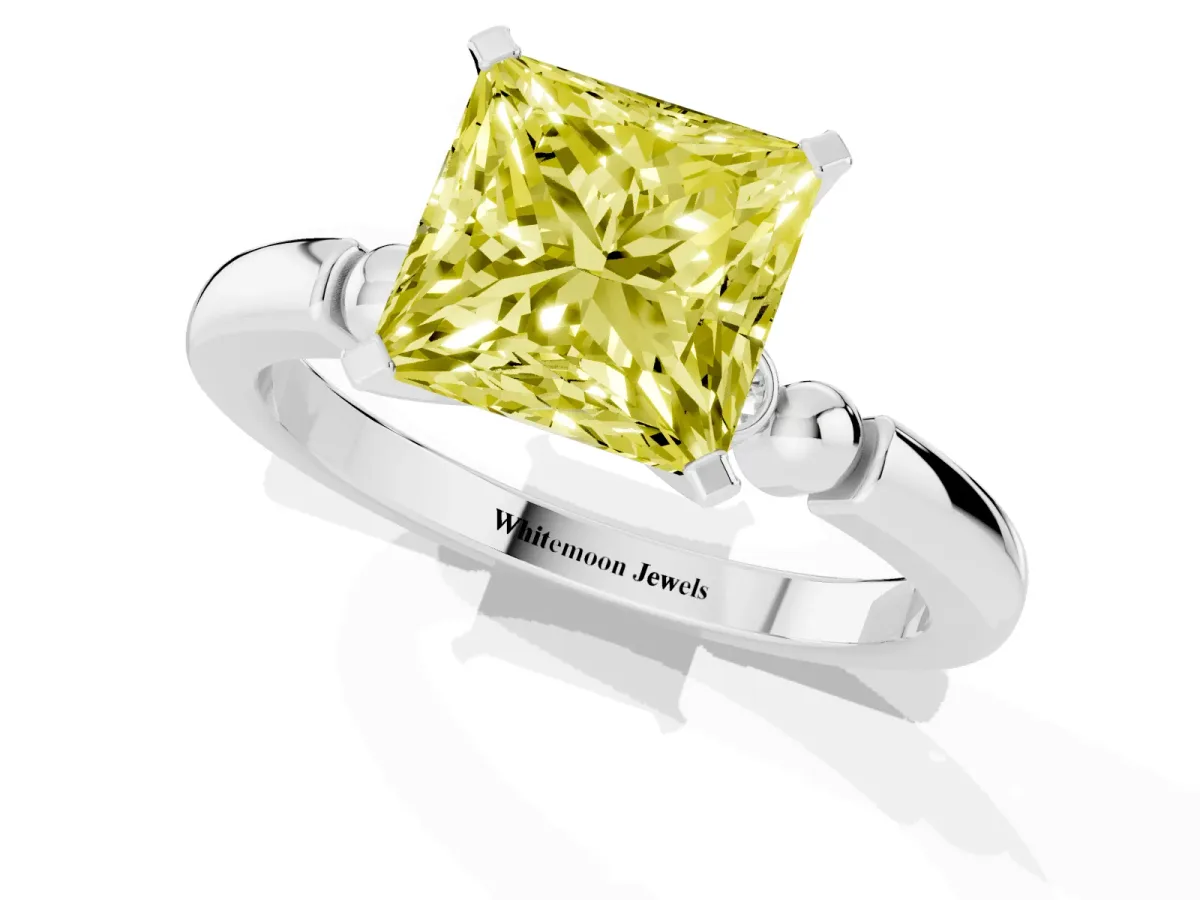 Fancy Yellow Princess Cut Solitaire Beaded Band with Four-Prong Setting Platinum