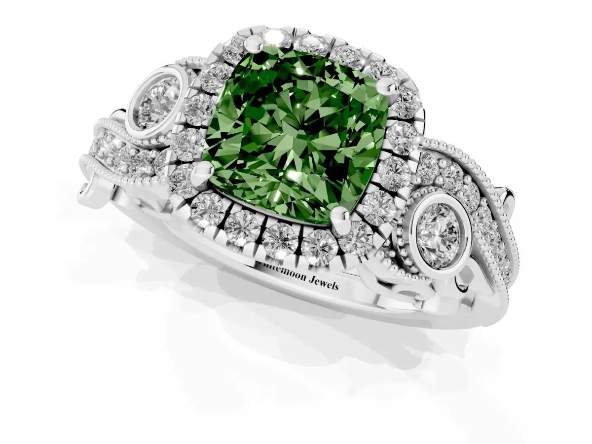 Fancy Green Cushion Cut Diamond Halo Ring with Milgrain Pavé Band and Four-Prong Setting Platinum