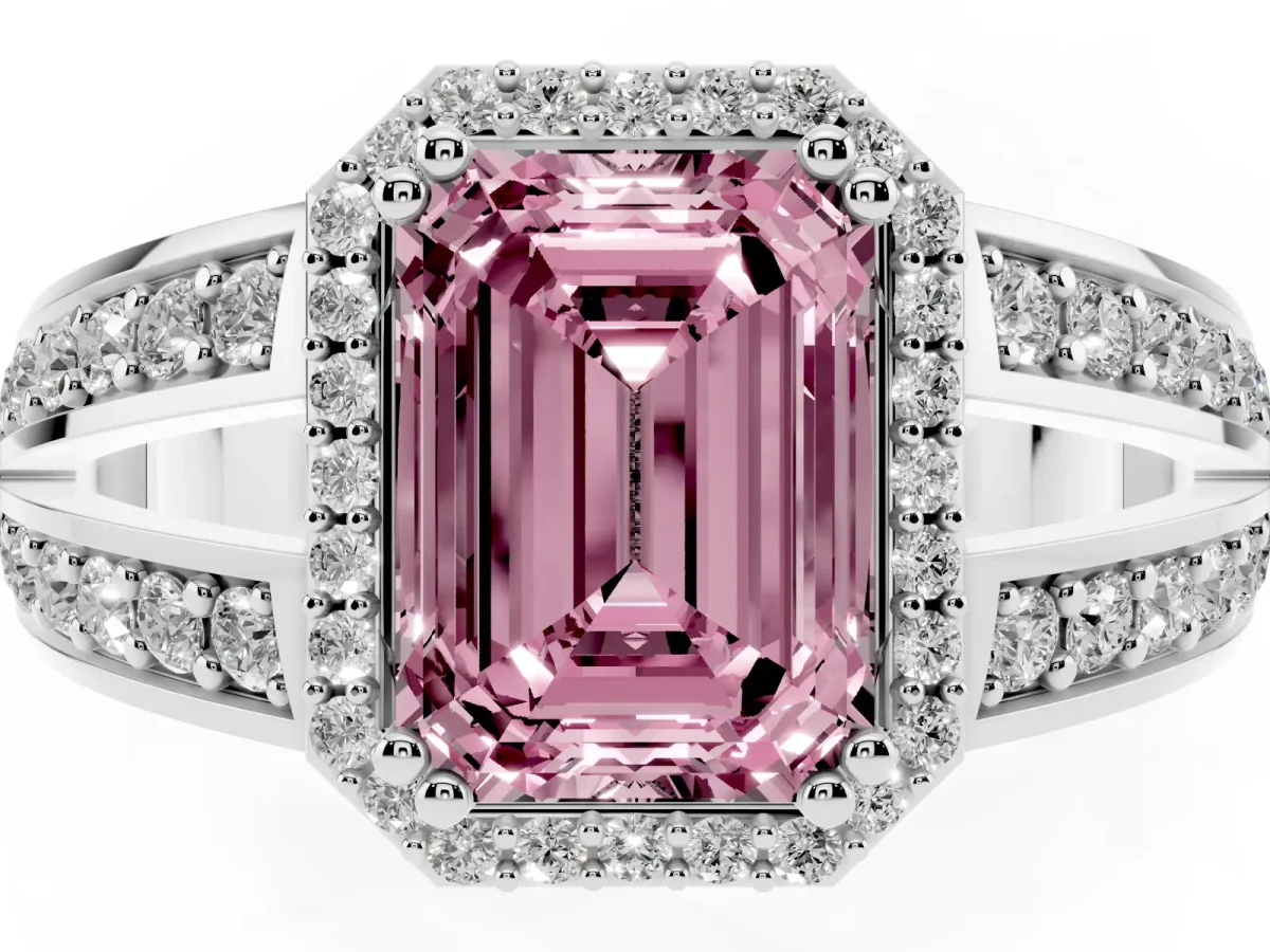 Fancy Pink Emerald Cut Diamond Halo Ring with Split Shank Pavé Band and Four-Prong Setting White gold